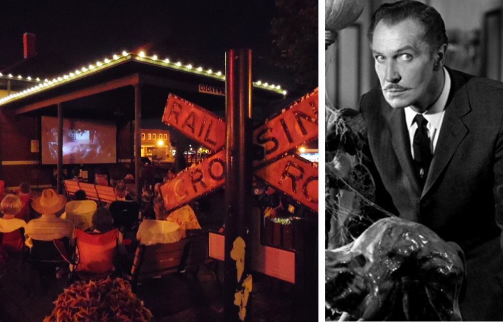 People watch an outdoor movie at the Cookeville Depot