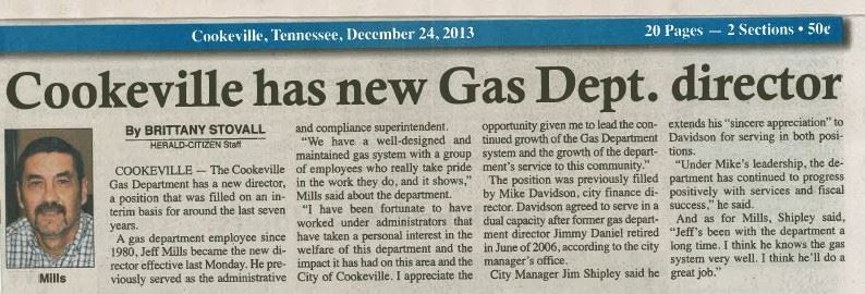 Gas Director Jeff Mills Newspaper Article December 2013