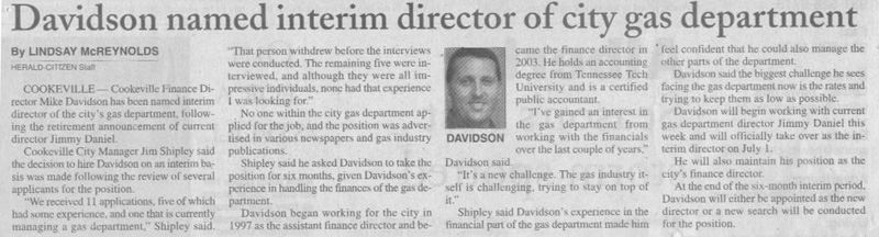 Davidson Interim Gas Director 2006 Newspaper Article